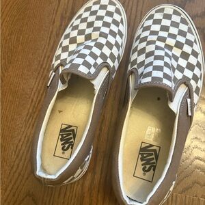 Vans Brown and White Checkered Slip-On Sneakers